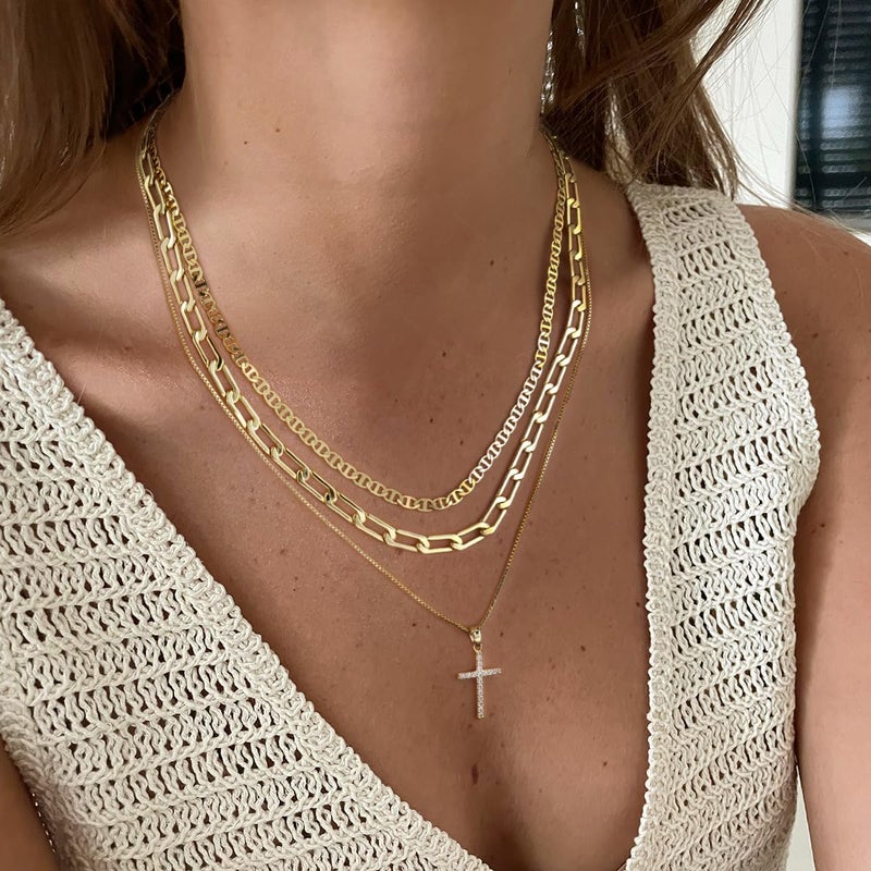 MFRYK Gold/Silver Necklaces Stack For Women,14K Gold/Sterling Silver Plated Simple Layered Choker Necklaces For Women,Stackable Multilayer Pearl Cross Disc Circle Pendant Cuban Herringbone Snake Paperclip Chain Necklaces Set Jewelry Gift for Women - Image 5